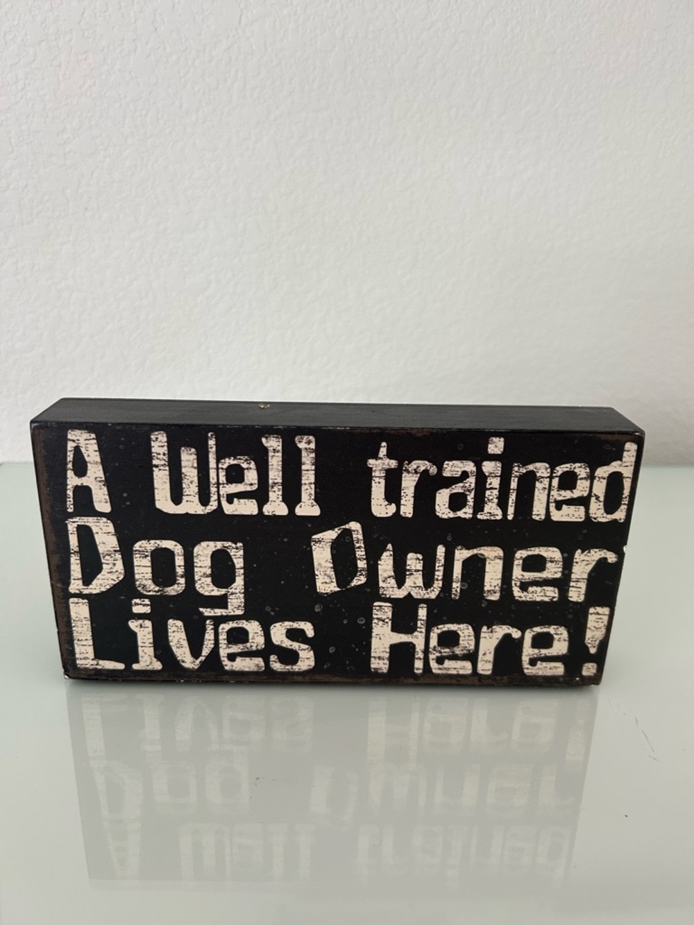 A Well Trained Dog Owner Lives Here!
Wooden block/sign